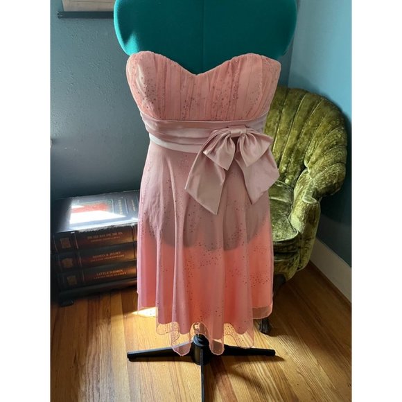 90s-Y2K Peach Sparkle Net Strapless Dress with Satin Bow and Waist Belt Barbieco - Picture 1 of 9